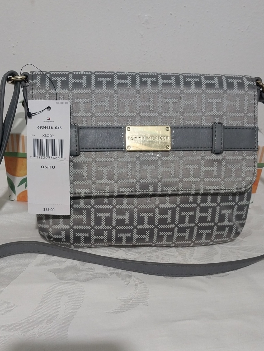 Tommy Hilfiger Gray Monogram Crossbody with Gold Plate
